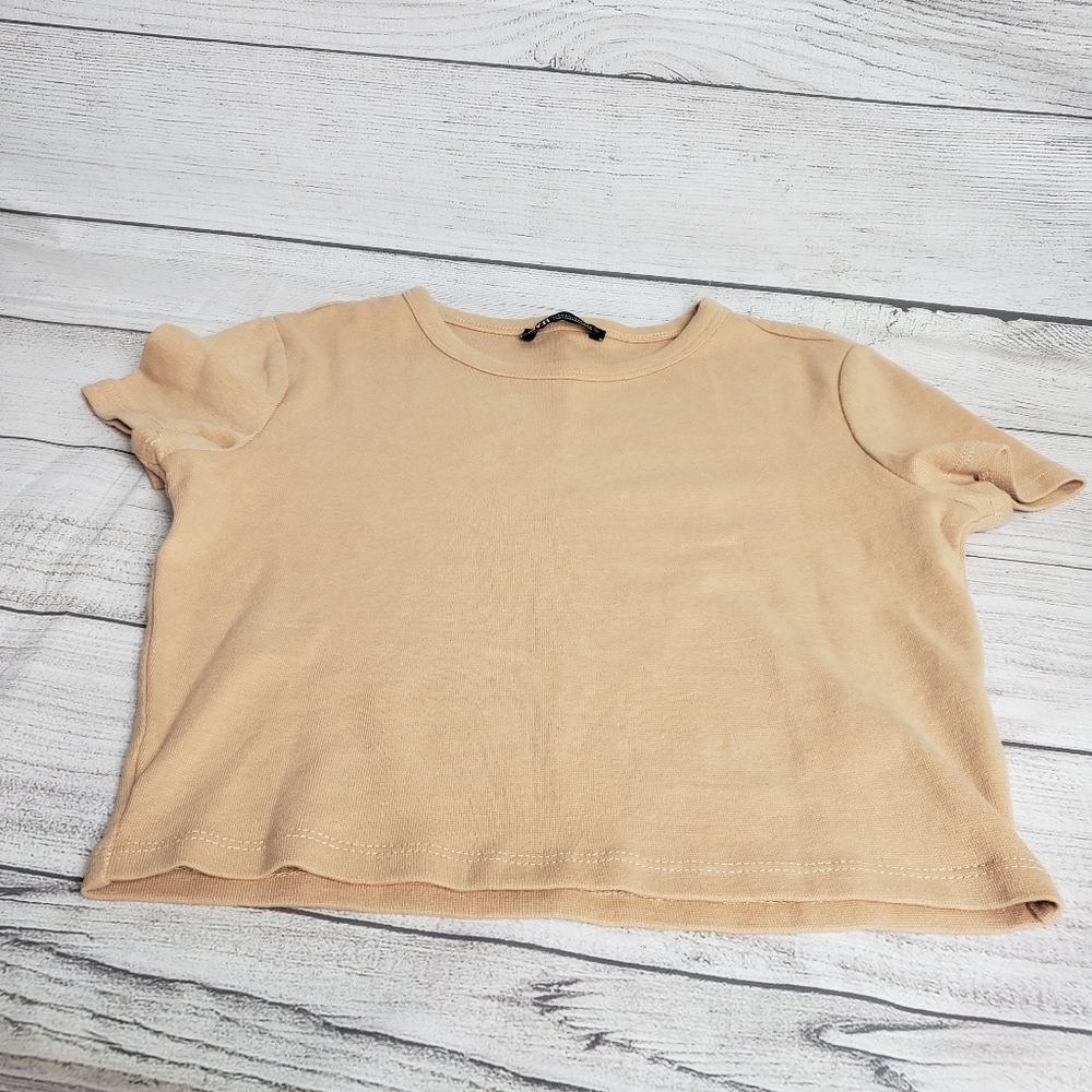 Zara Short Sleeve Tan Knit Crop Top Shirt‎ Women's Medium